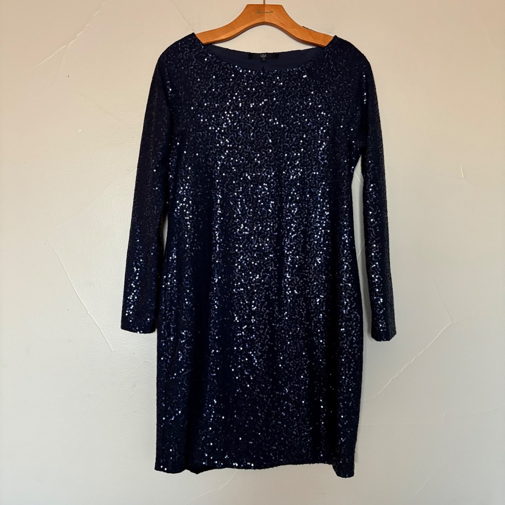 Tibi New York Navy Blue Sequin Fully lined Long Sleeve Keyhole Back Mini Dress S